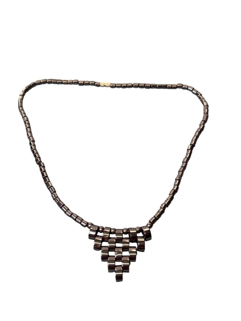 Vtg Artisan Geometric Hematite Beaded Necklace Silvertone Barrel Clasp 16 inch